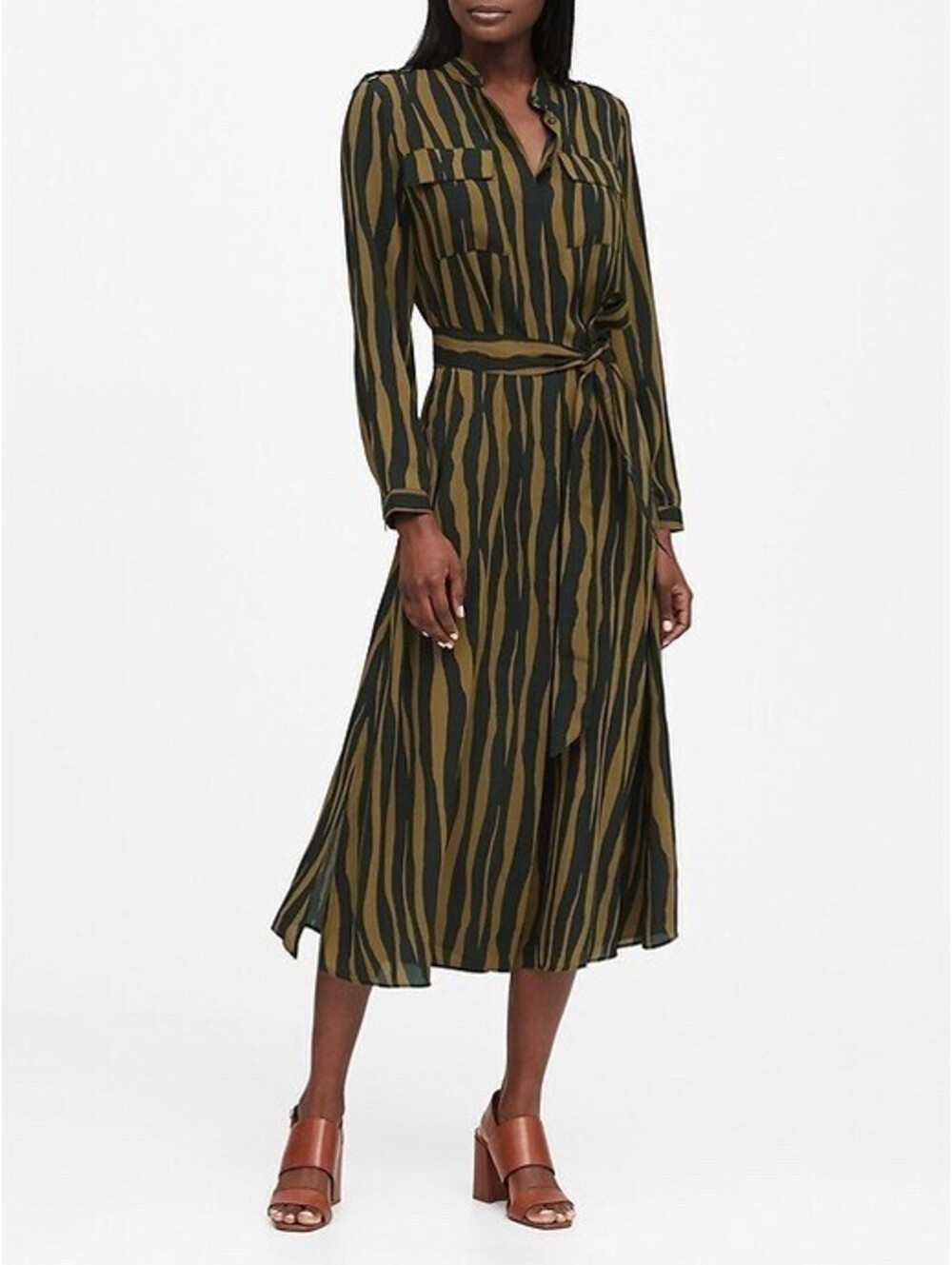Banana Republic Zebra Stripe Midi Shirt Dress Olive Green Black Belted Safari 14